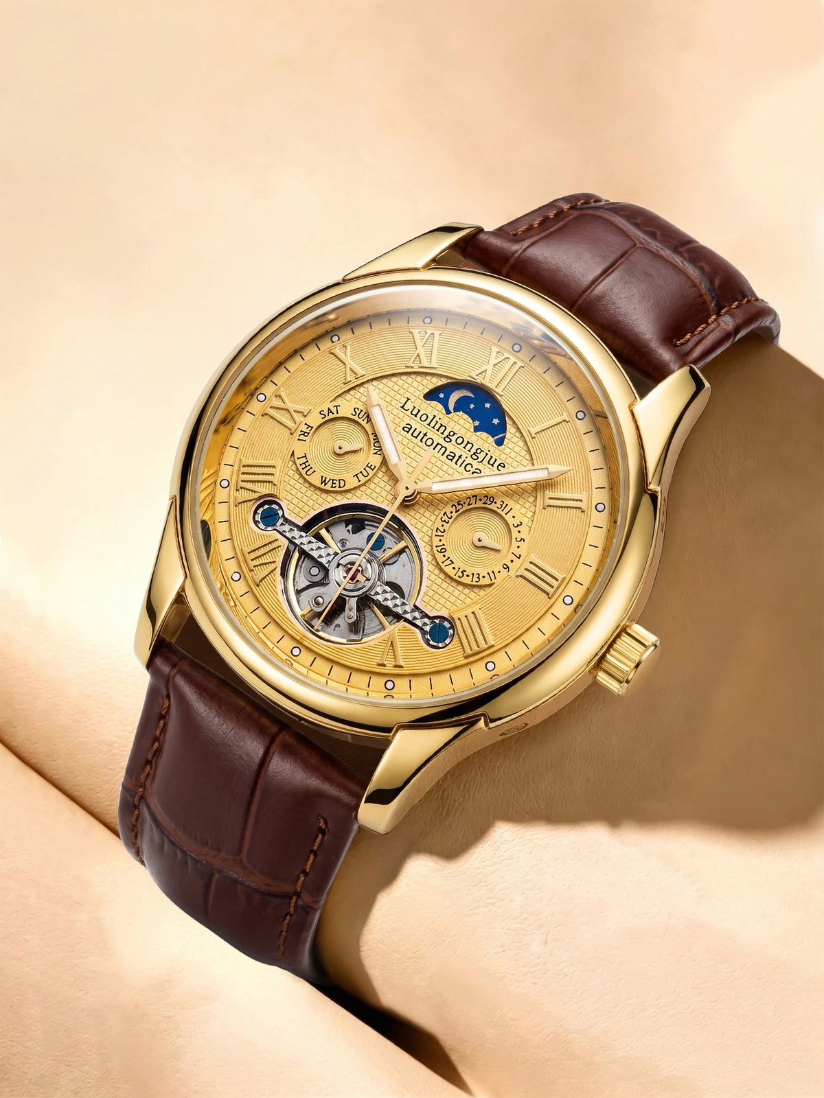 Skeleton Automatic Men's Watch – Moon Phase & Roman Numeral