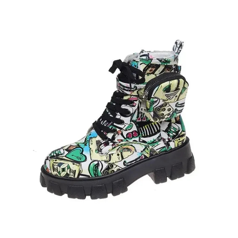 Women's Gothic Printed Platform Ankle Boots – Lace-Up Moto