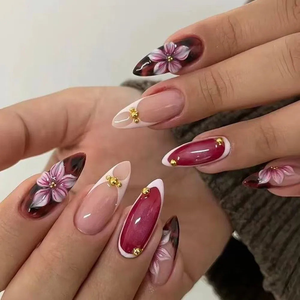 24-Pack French Almond Press On Nails – Pink Flower Full Cover