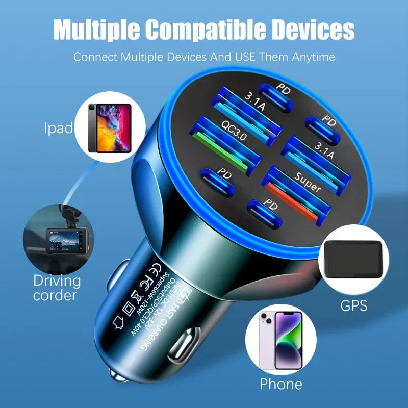 8-in-1 66W Car Charger 4USB+4PD Fast Charging Digital Display