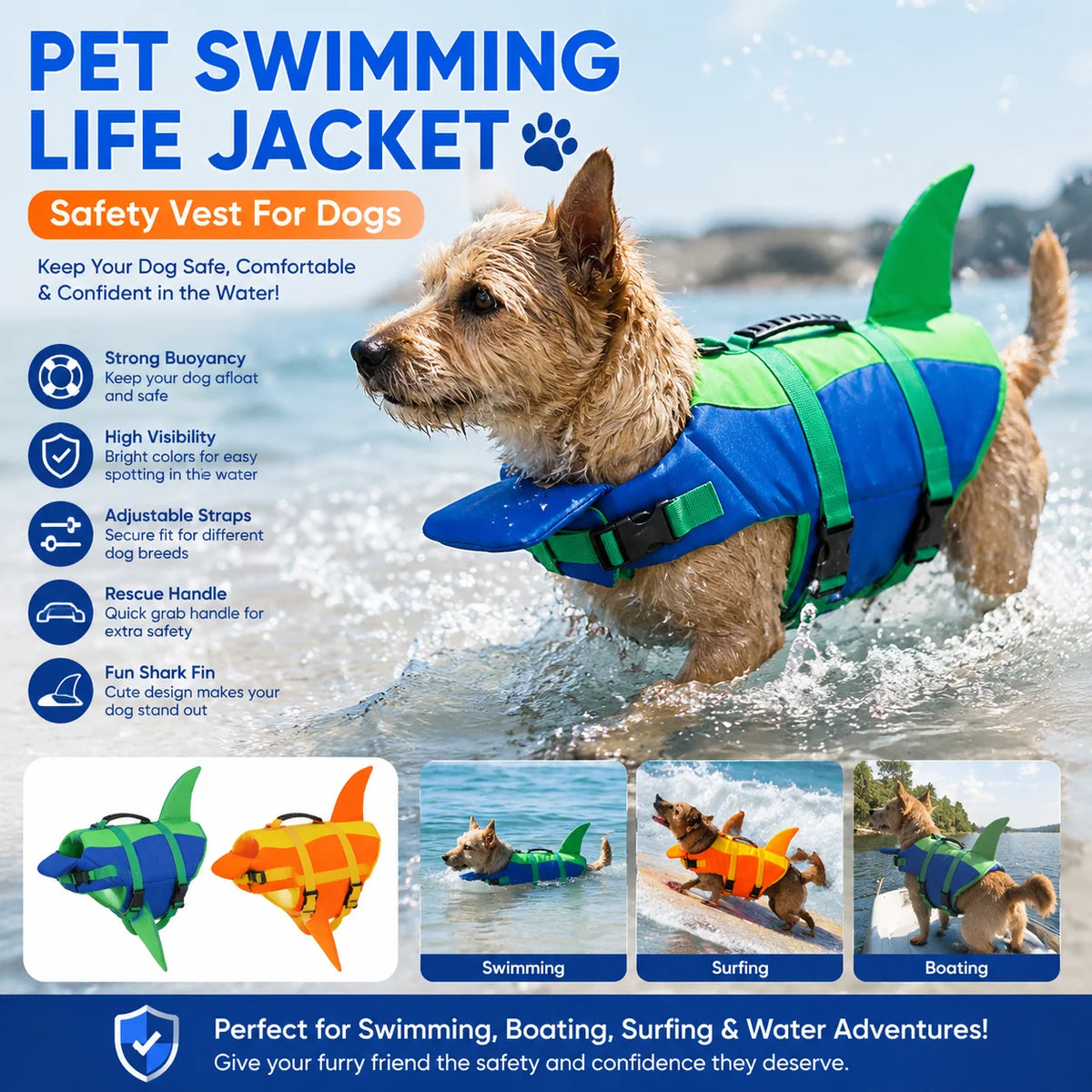 Dog Life Jacket Swim Vest – Buoyancy, Handle & Tail Fin
