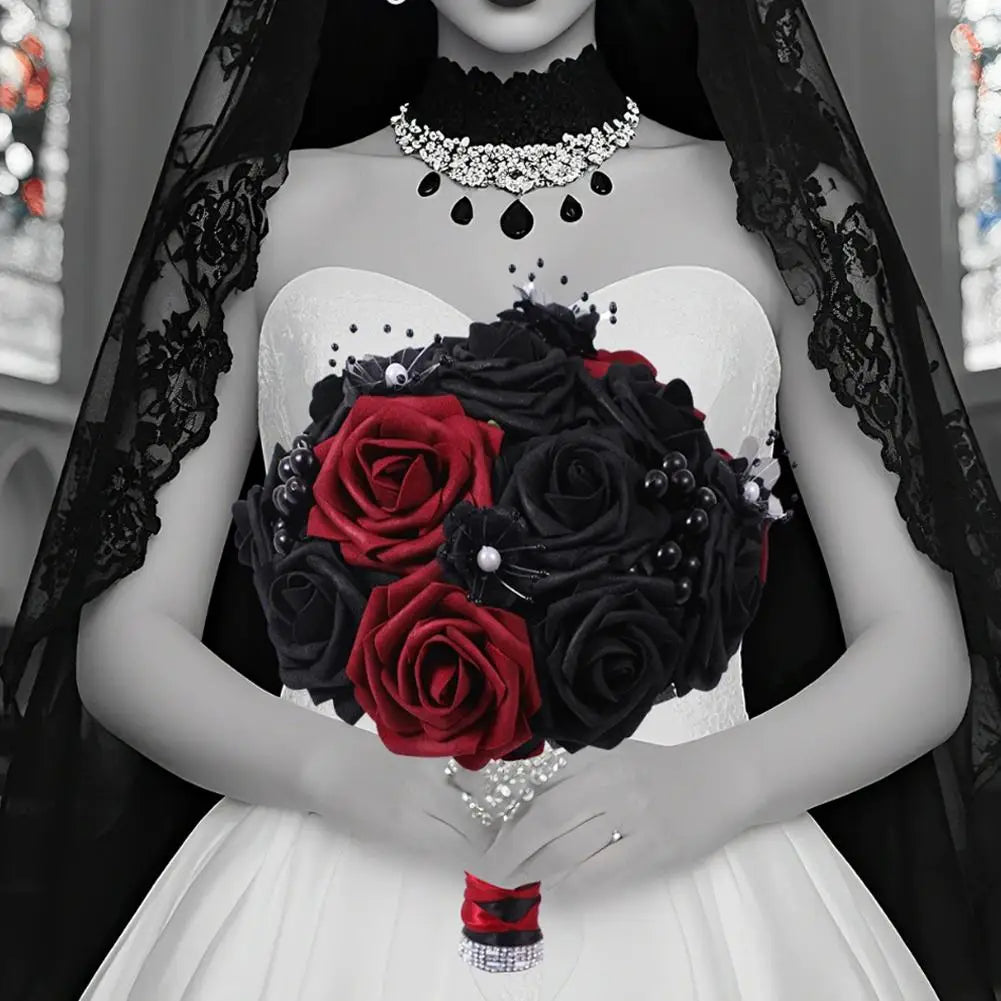 Gothic Black Burgundy Bridal Bouquet – Silk Rose Wedding Flowers