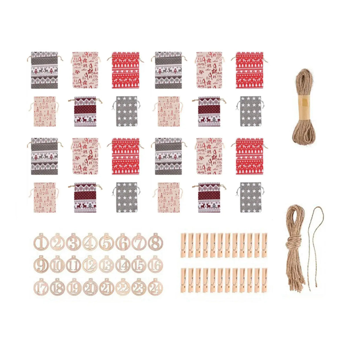 24-Pc Christmas Advent Calendar Burlap Bags with Clips