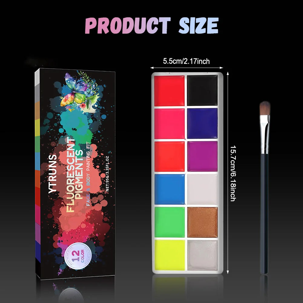12-Color UV Glow Face & Body Paint Palette | Halloween Cosplay