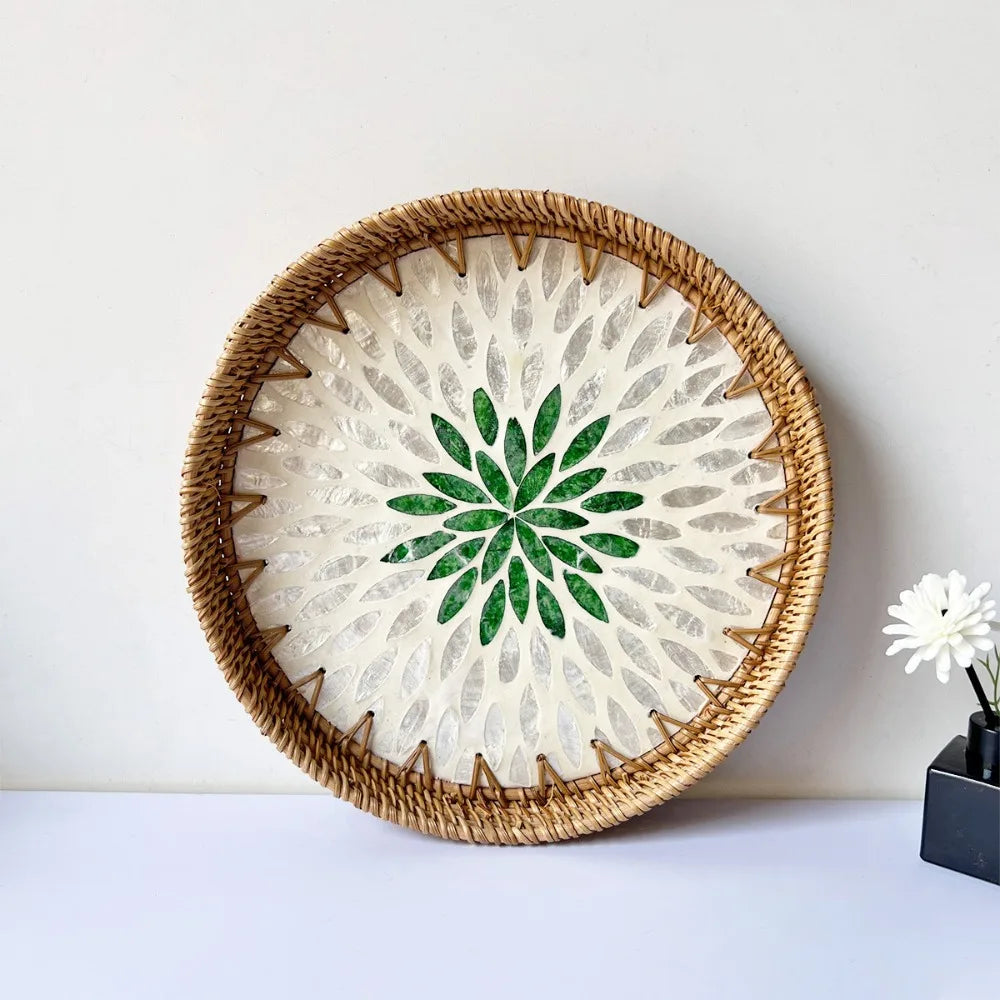 Shell Mosaic Round Woven Rattan Tray | Boho Home Decor