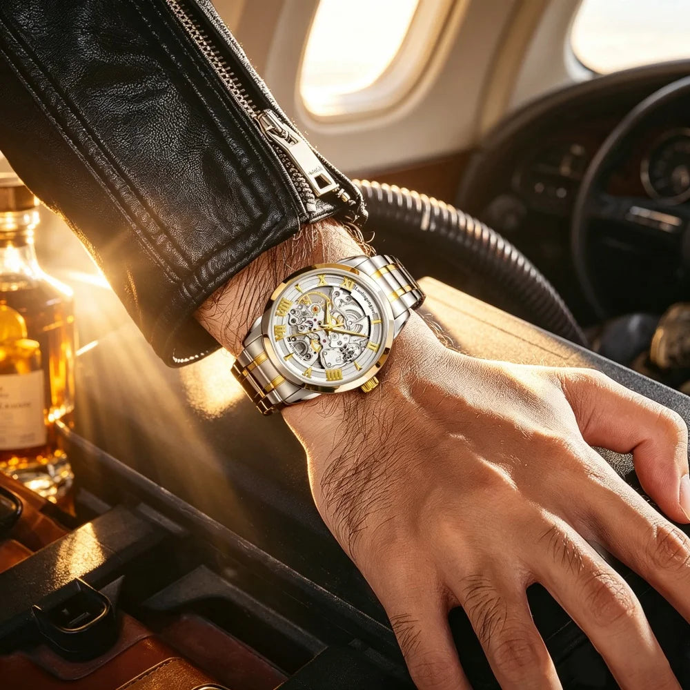 Skeleton Automatic Men's Watch | Roman Numeral Steel Band