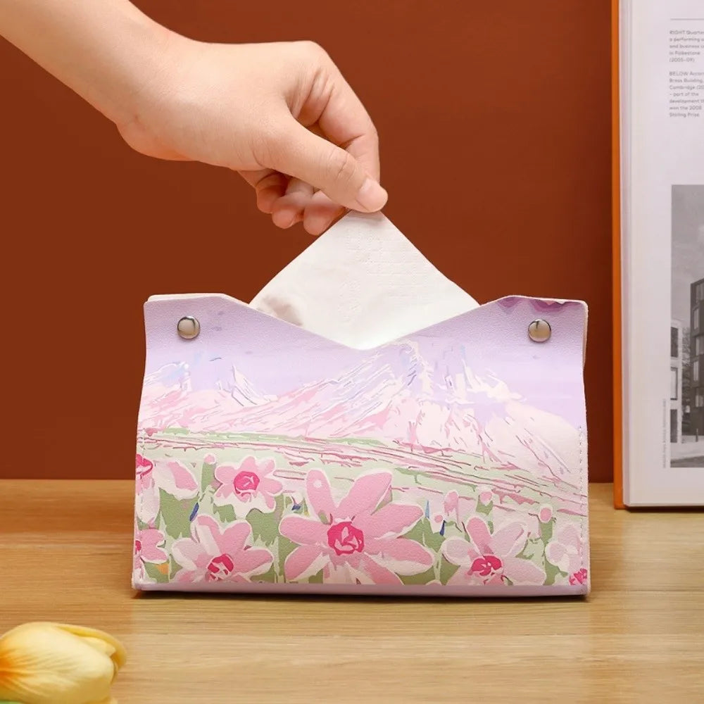 Vintage PU Leather Tissue Box Cover – Oil Painting Decor