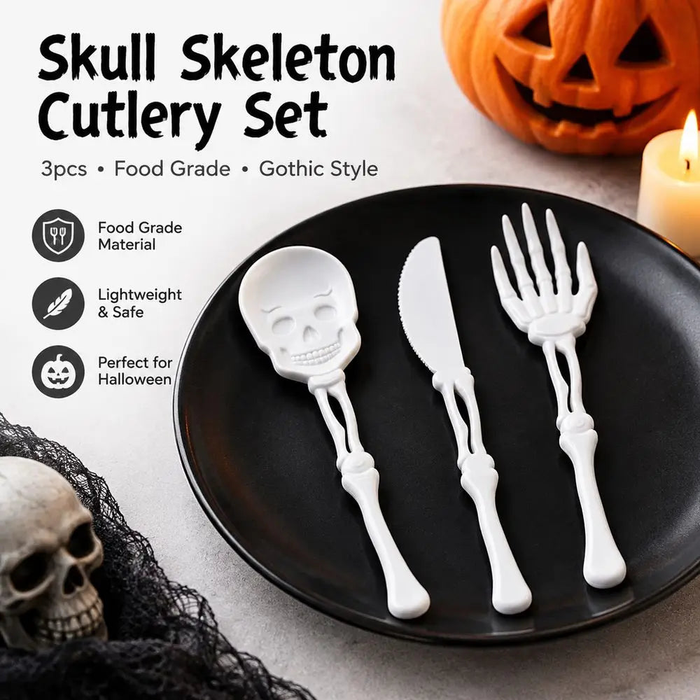3D Skull Skeleton Cutlery Set – Gothic Party Flatware 3-Piece