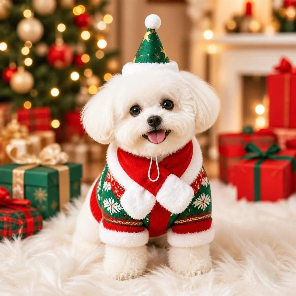 Christmas Dog & Cat Scarf Hat Set – 2-Piece Winter Pet Collar