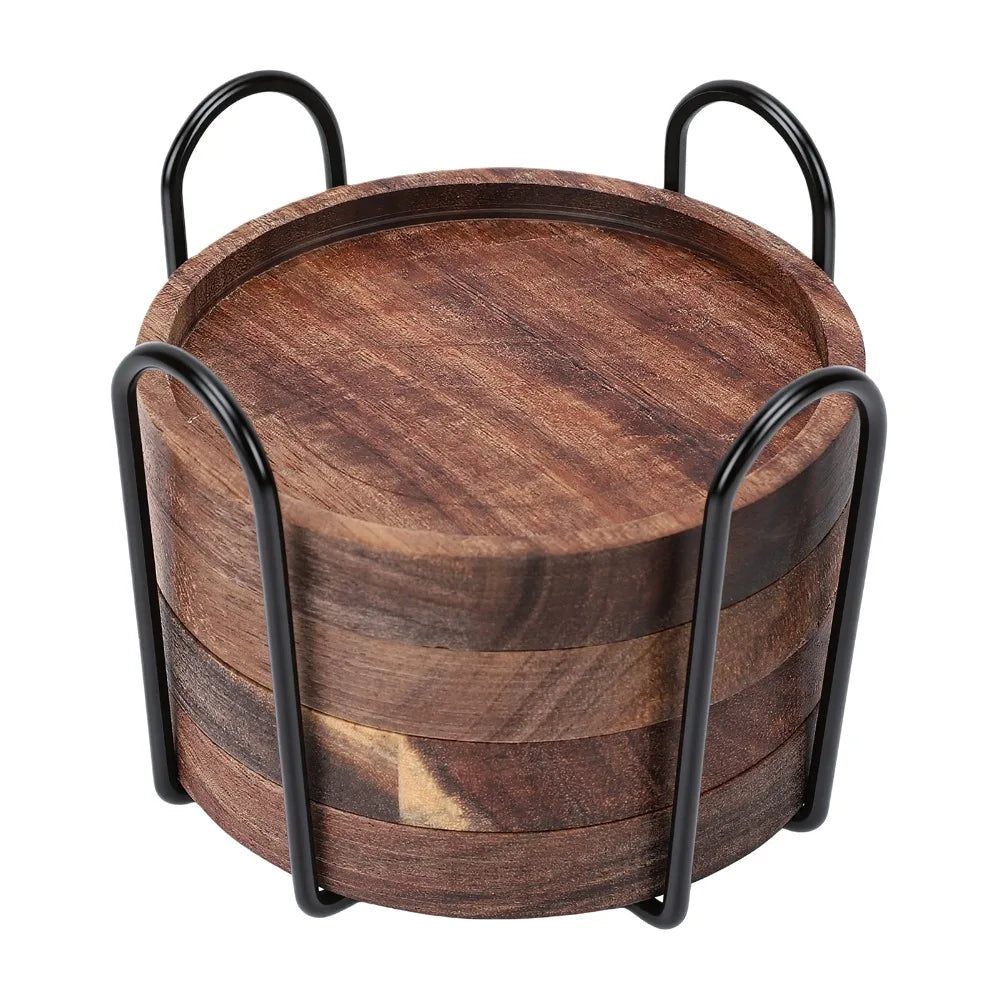 Rustic Round Wood Coasters Set of 4 with Holder | 3.9"