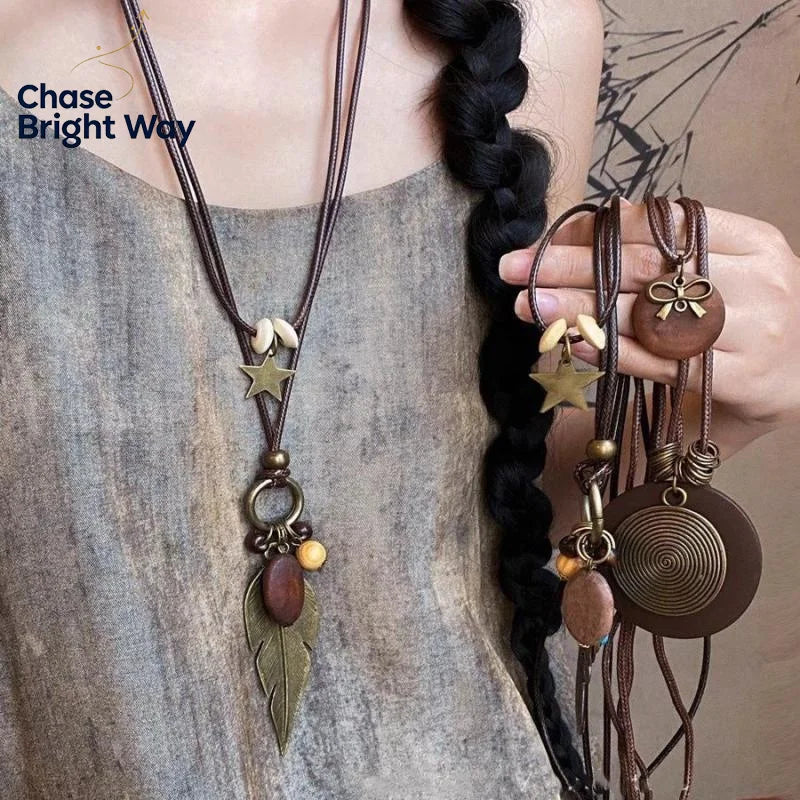 Vintage Boho Metal Feather Necklace – Long Layered Pendant