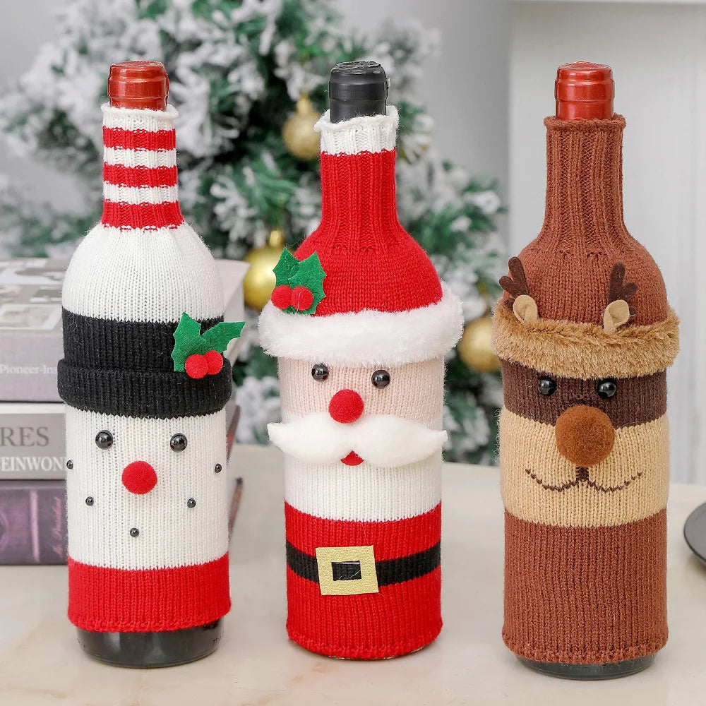 Christmas Santa Knitted Wine Bottle Cover | Holiday Sleeve