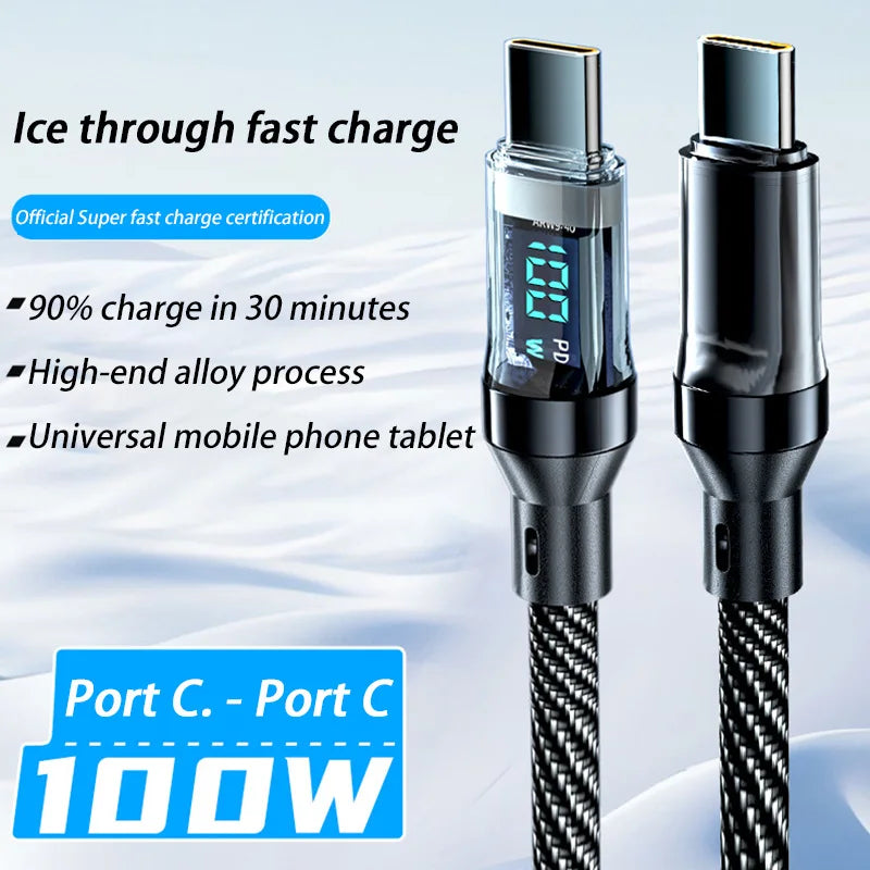 USB-A to USB-C 6A 120W Fast Charge Cable with LED Display