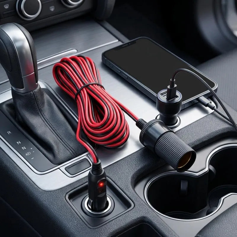 5M 12V Car Cigarette Lighter Extension Cable | Fuse + Indicator