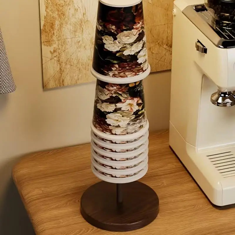 Walnut-Style Disposable Paper Cup Dispenser & Desk Storage Rack