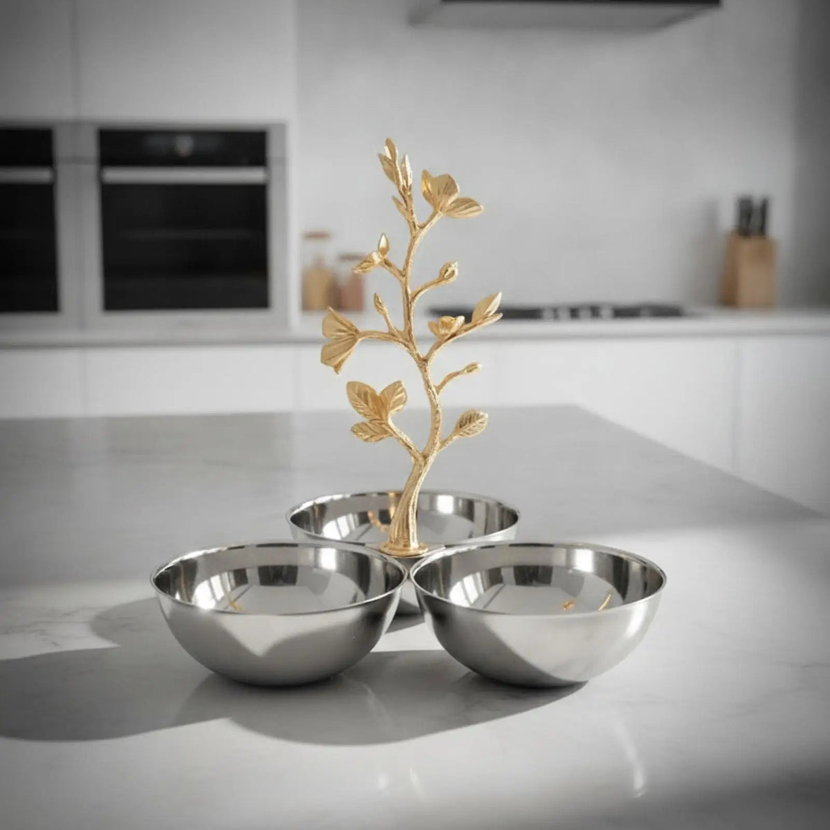 Stainless Steel 3-Bowl Fruit Tray | Gold Branch Centerpiece