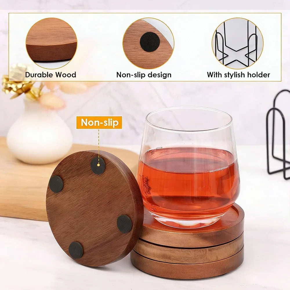 Rustic Round Wood Coasters Set of 4 with Holder | 3.9"