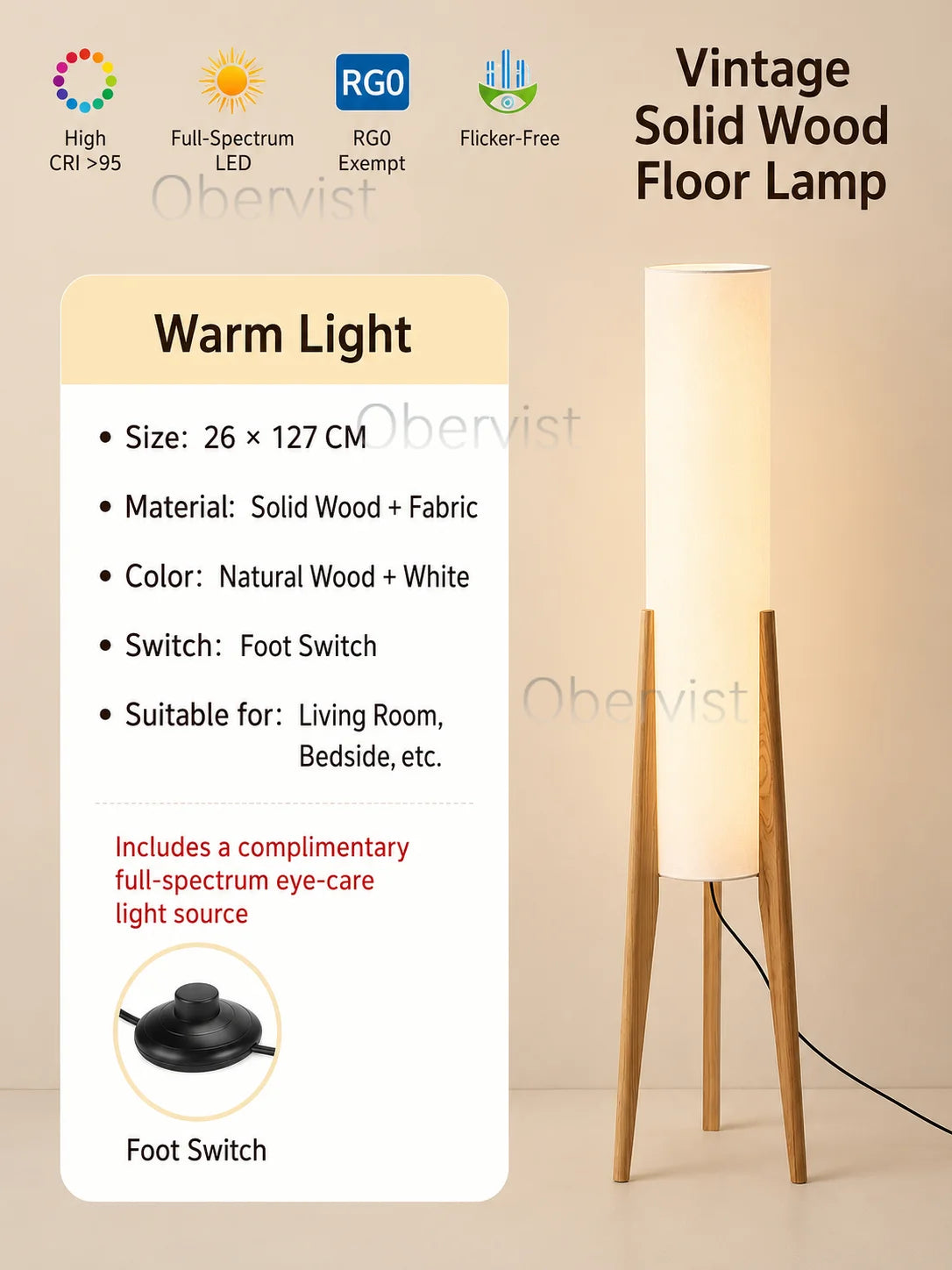 Walnut Wood Floor Lamp | Fabric Shade Warm Standing Light