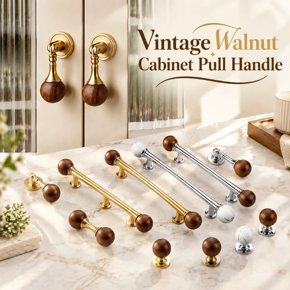 Vintage Walnut Marble Cabinet Pull Handle – Wood Drawer Knob