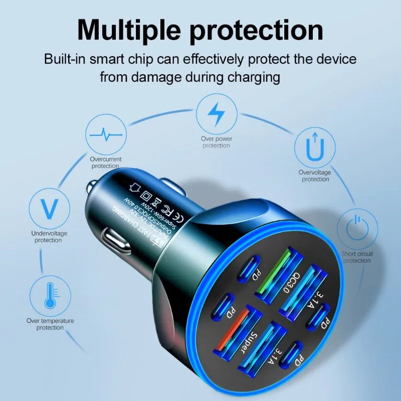 8-in-1 66W Car Charger 4USB+4PD Fast Charging Digital Display
