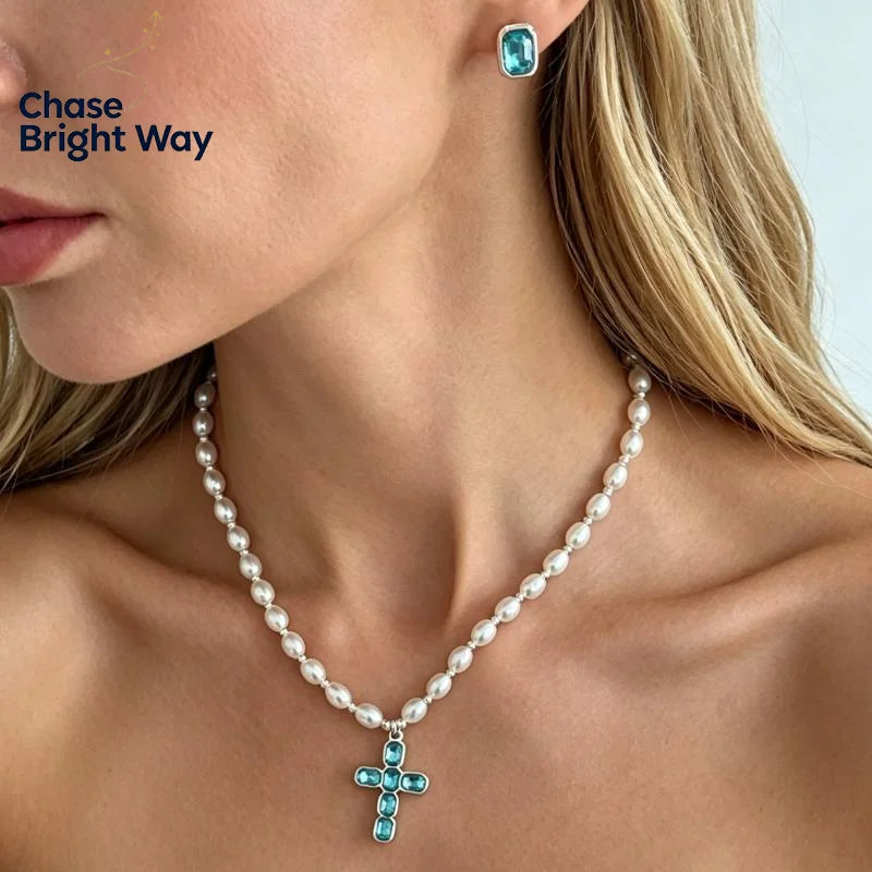 Diamond Cross Pendant Necklace – Faux Pearl Choker for Women