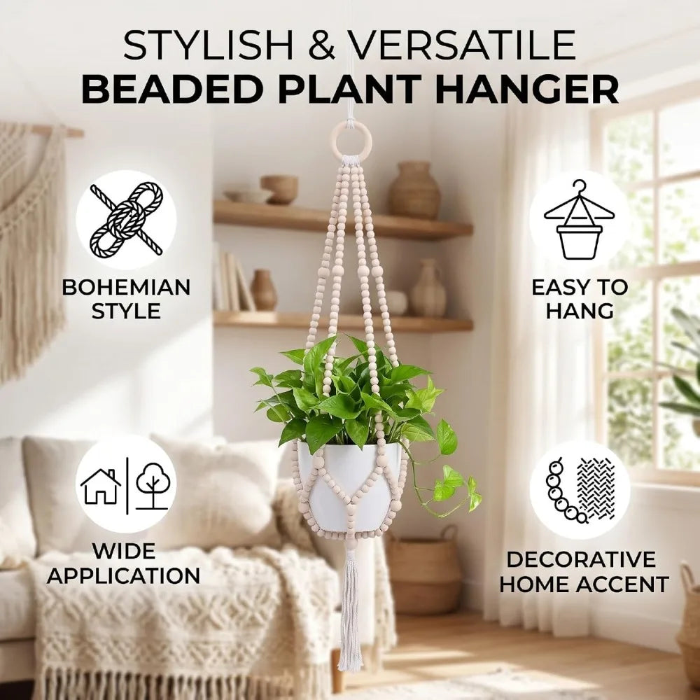 Boho Macrame Plant Hanger – Wood Beads & Cotton Rope