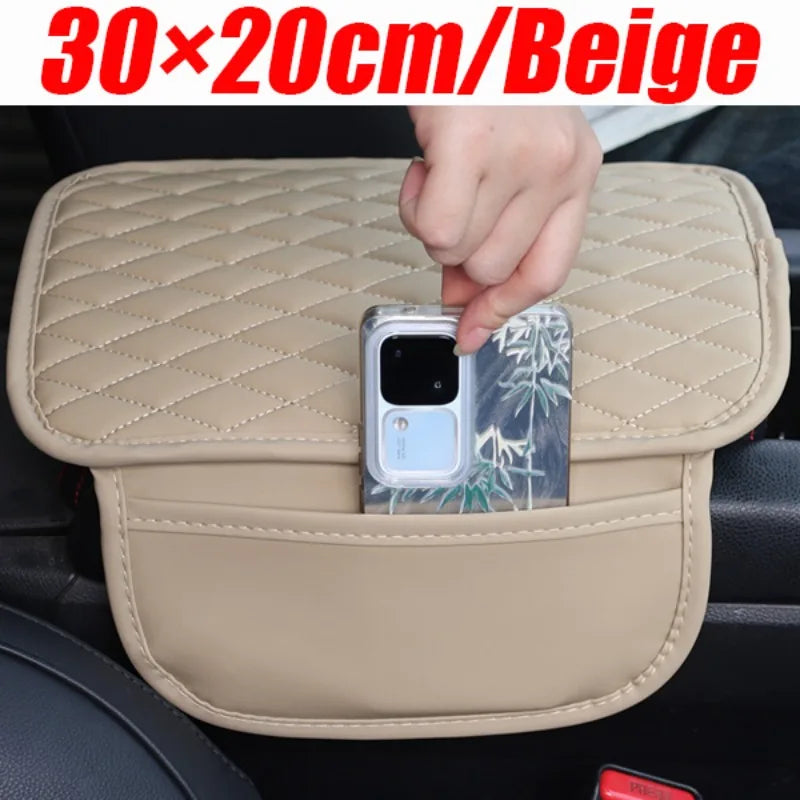 Universal Car Armrest Box Cover – Leather Console Cushion + Pocket