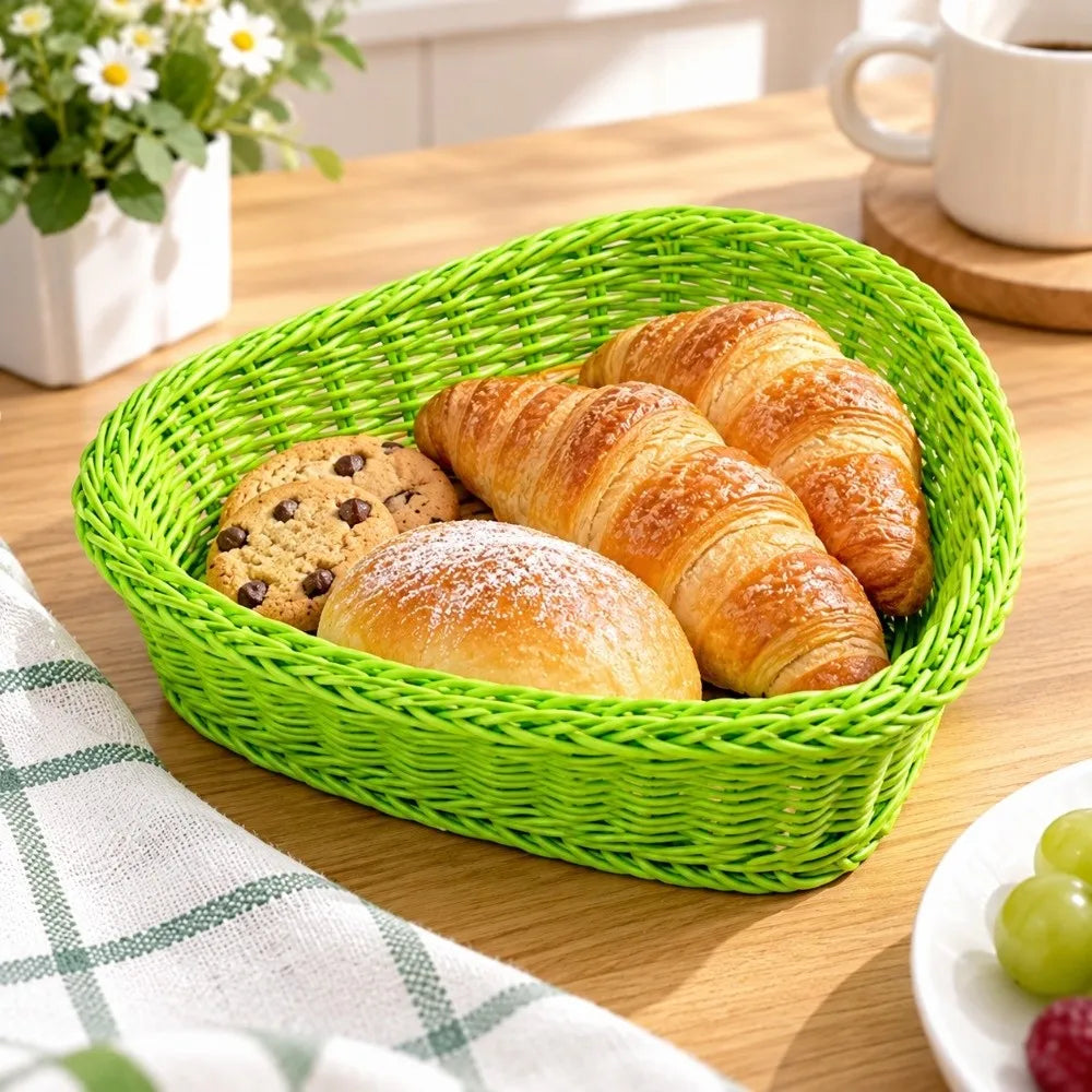 Woven Rattan-Style Serving Basket – Bread, Fruit & Utensil Tray