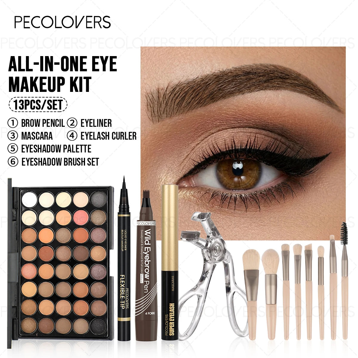 SAMMY 13-Piece Eye Makeup Kit – Palette, Liner & Brushes