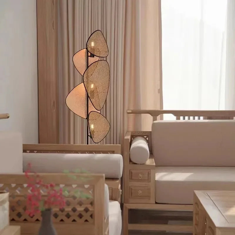 Rattan Bamboo Floor Lamp – Leaf Grid Design for Living Room