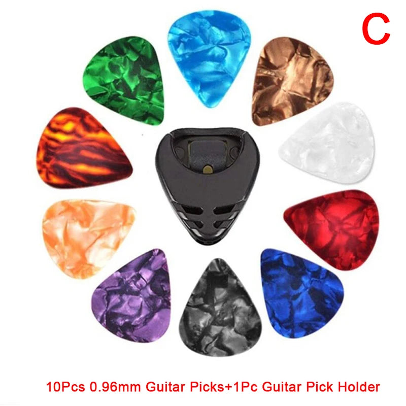10-Pack Celluloid Guitar Picks with Holder – 3 Thickness Options