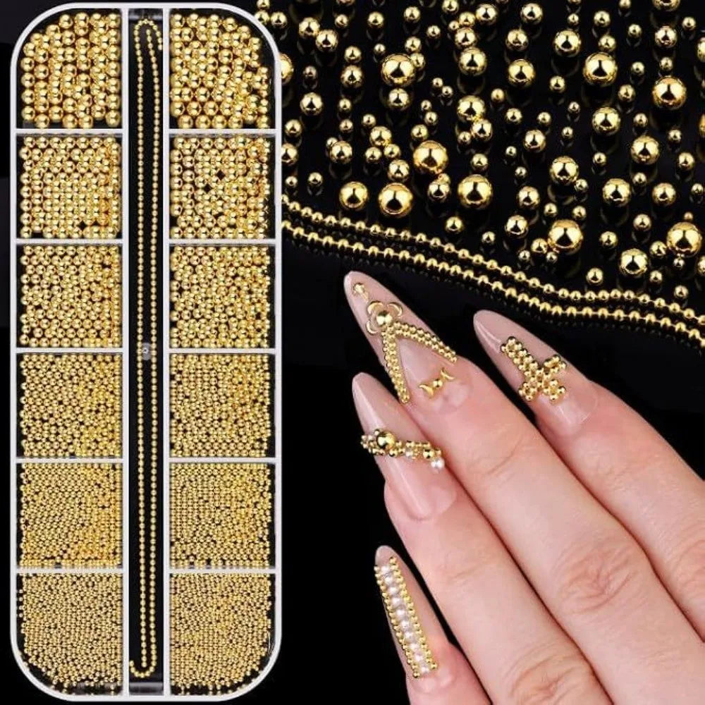 12-Grid 3D Nail Art Studs – Metal Beads, Pearl & Charms Set