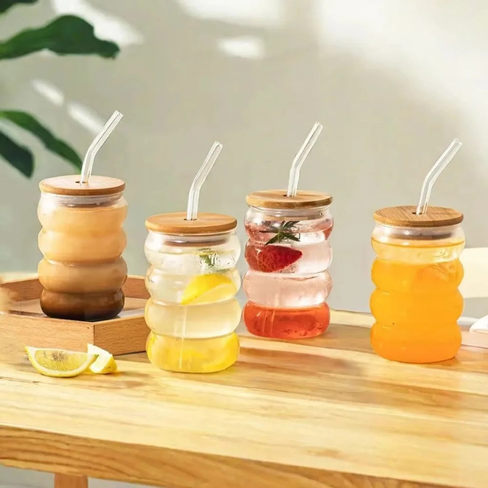 Wave Glass Cup with Wooden Lid, Bowtie Decor & Straw – 350ml