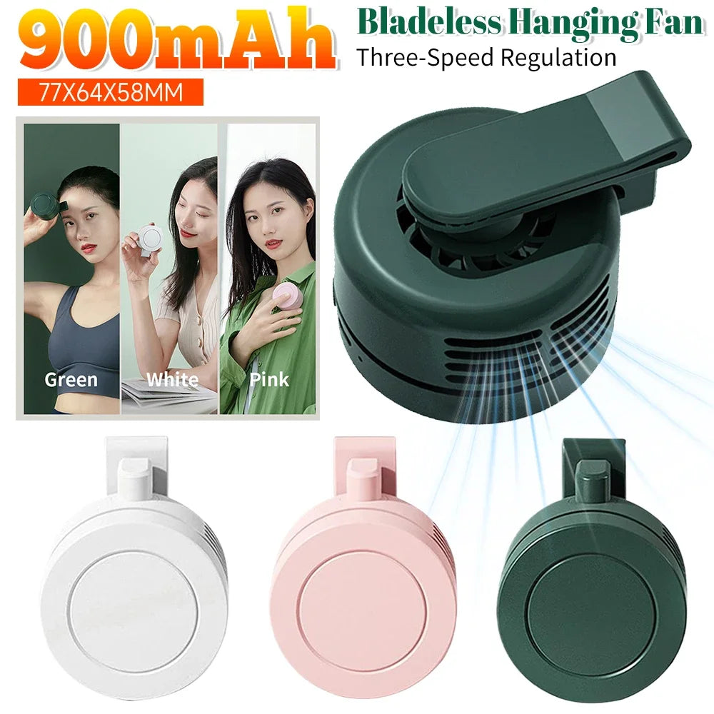 Mini Bladeless Clip Fan – USB Rechargeable Waist Neck Fan 3 Speeds