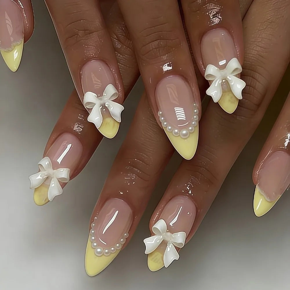 Almond Press-On Nails with Bow Charms | Glossy Full Cover Set