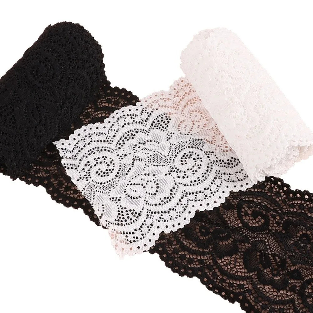 2-Yard Elastic Floral Lace Trim – Hollow Polyester Ribbon Black White