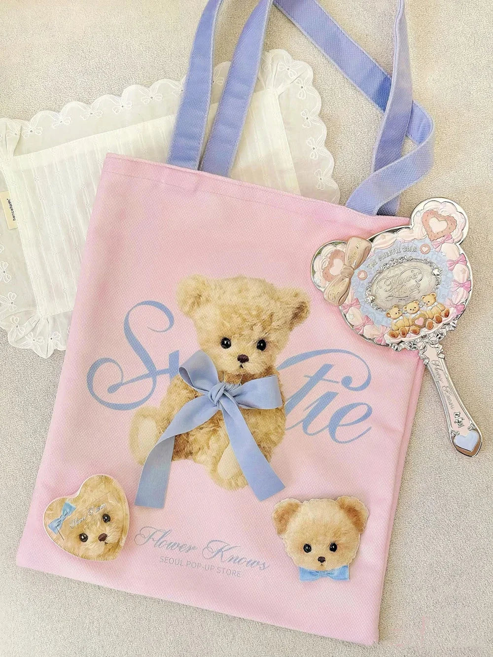 Flower Knows Pastel Hand Mirror Set – Powder Puff & Tote Bag