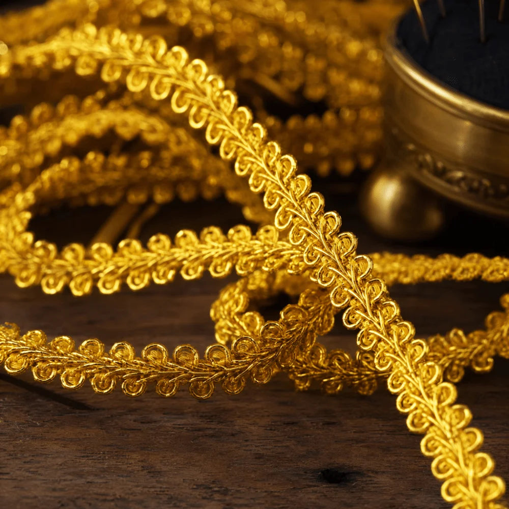 42M Herringbone Lace Trim 8mm – Gold Silver Jacquard Ribbon