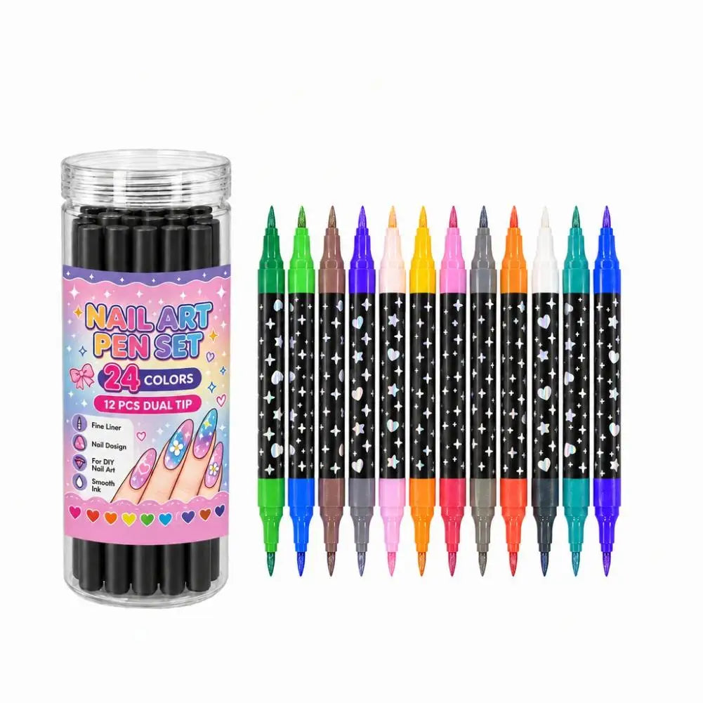 12-Pc Double-Ended Nail Art Pens – 24 Colors DIY Set