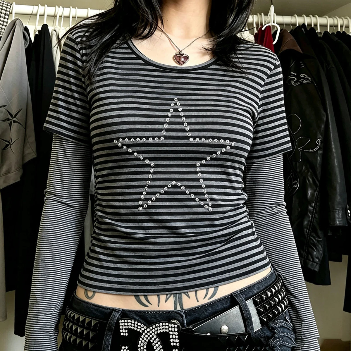 Women's Y2K Rhinestone Star Striped Long Sleeve Slim Fit Tee