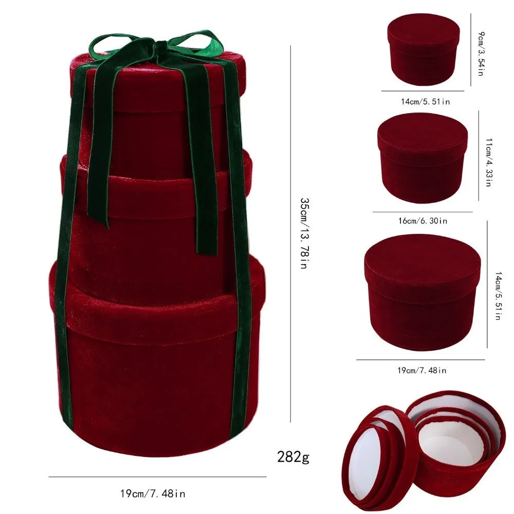 Set of 3 Velvet Round Christmas Gift Boxes – Assorted Sizes