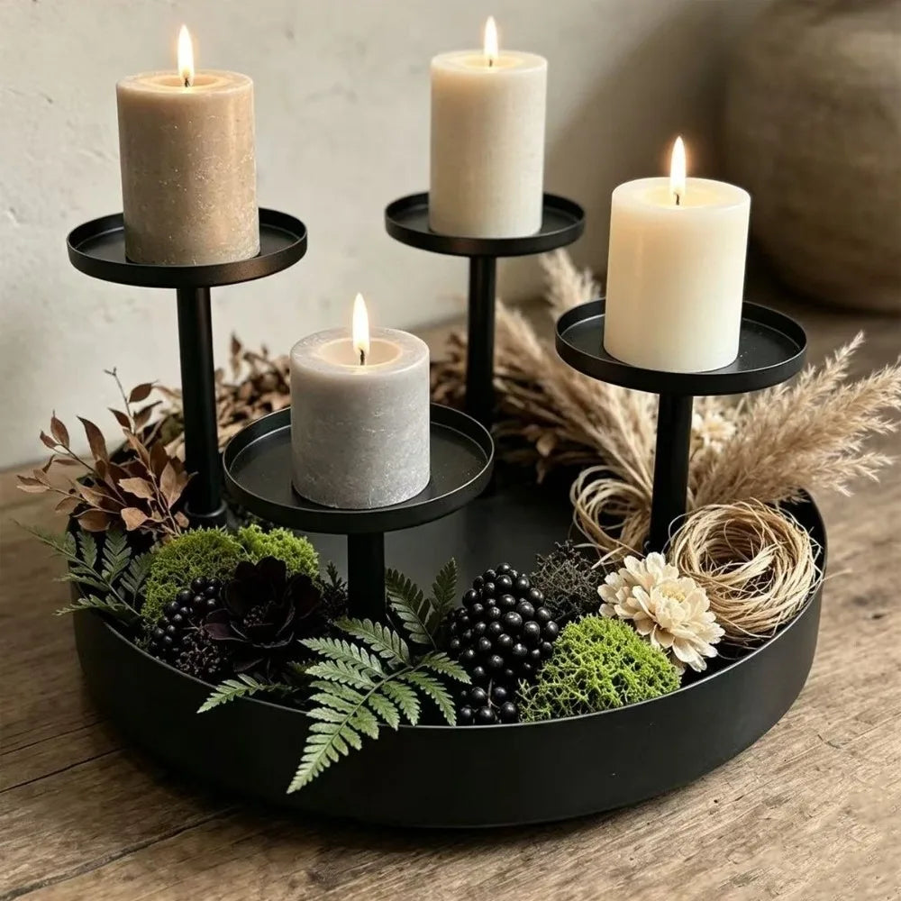 Vintage 4-Head Matte Black Metal Candelabra with Drip Tray