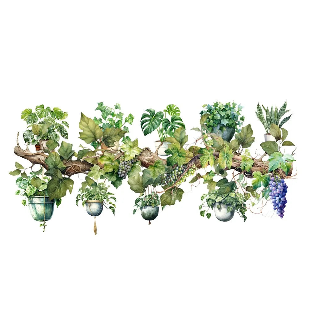 Green Vine Leaf Wall Sticker – Botanical PVC Decal | Hanging Basket