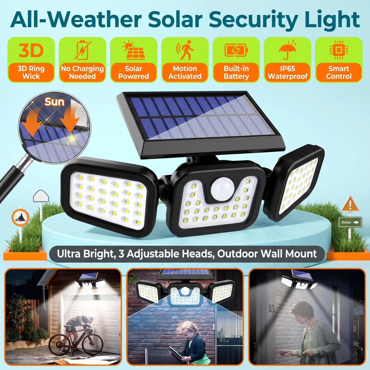 Solar 3-Head Motion Sensor Light – 74 LED 270° IP65 Outdoor