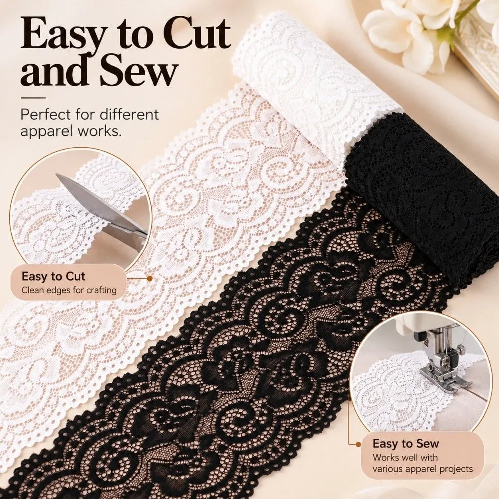 2-Yard Elastic Floral Lace Trim – Hollow Polyester Ribbon Black White