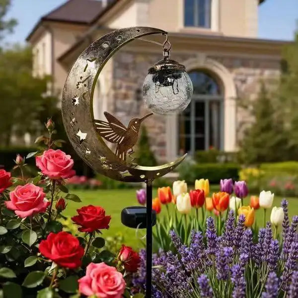 Solar Hummingbird Moon Stake Light | Crackle Glass Garden Lamp