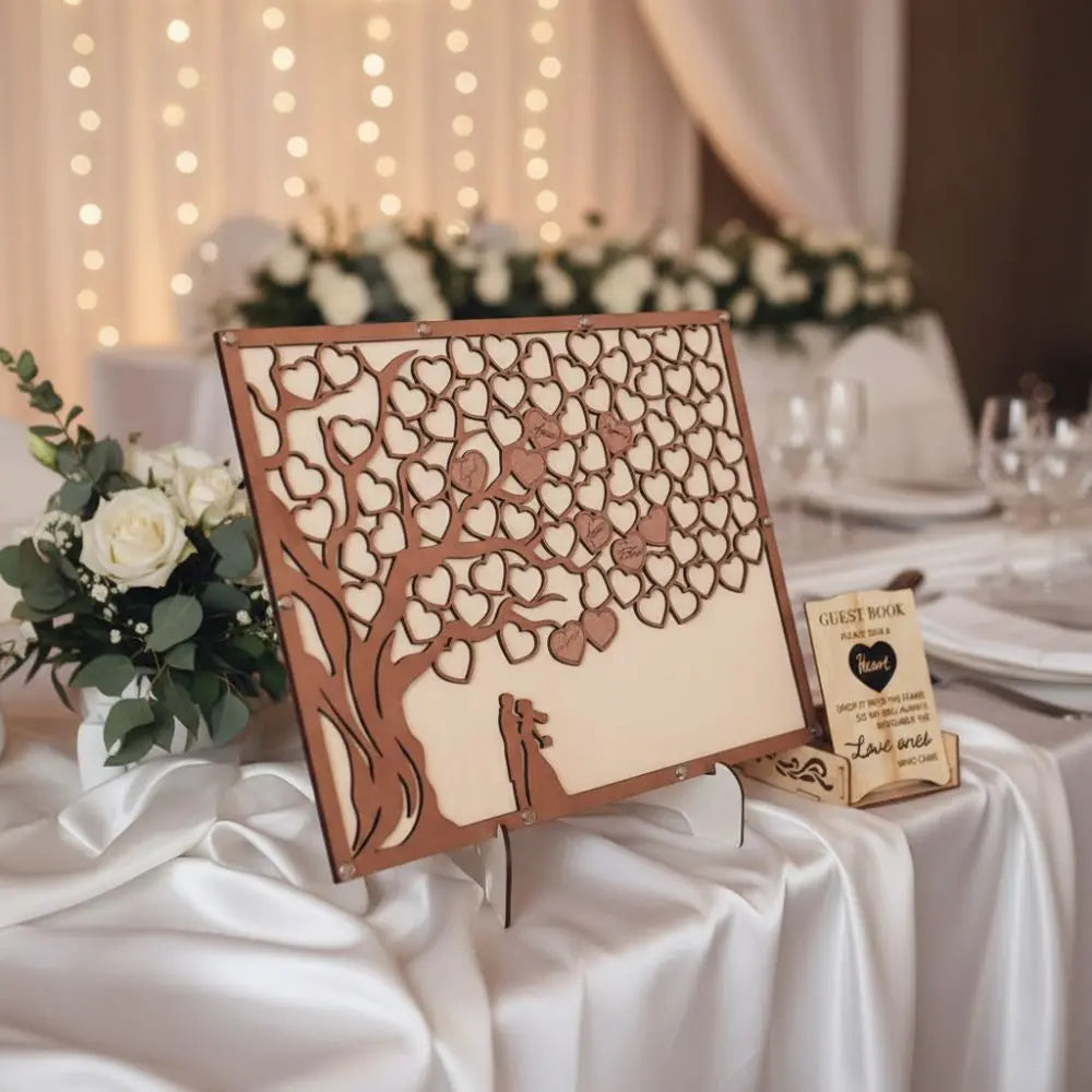 Wooden Hearts Wedding Guest Book – Tree Design Sign Set
