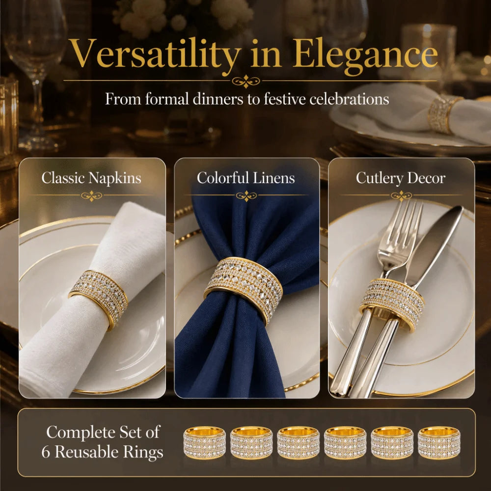 6-Pack Gold Crystal Rhinestone Napkin Rings – Table Decor