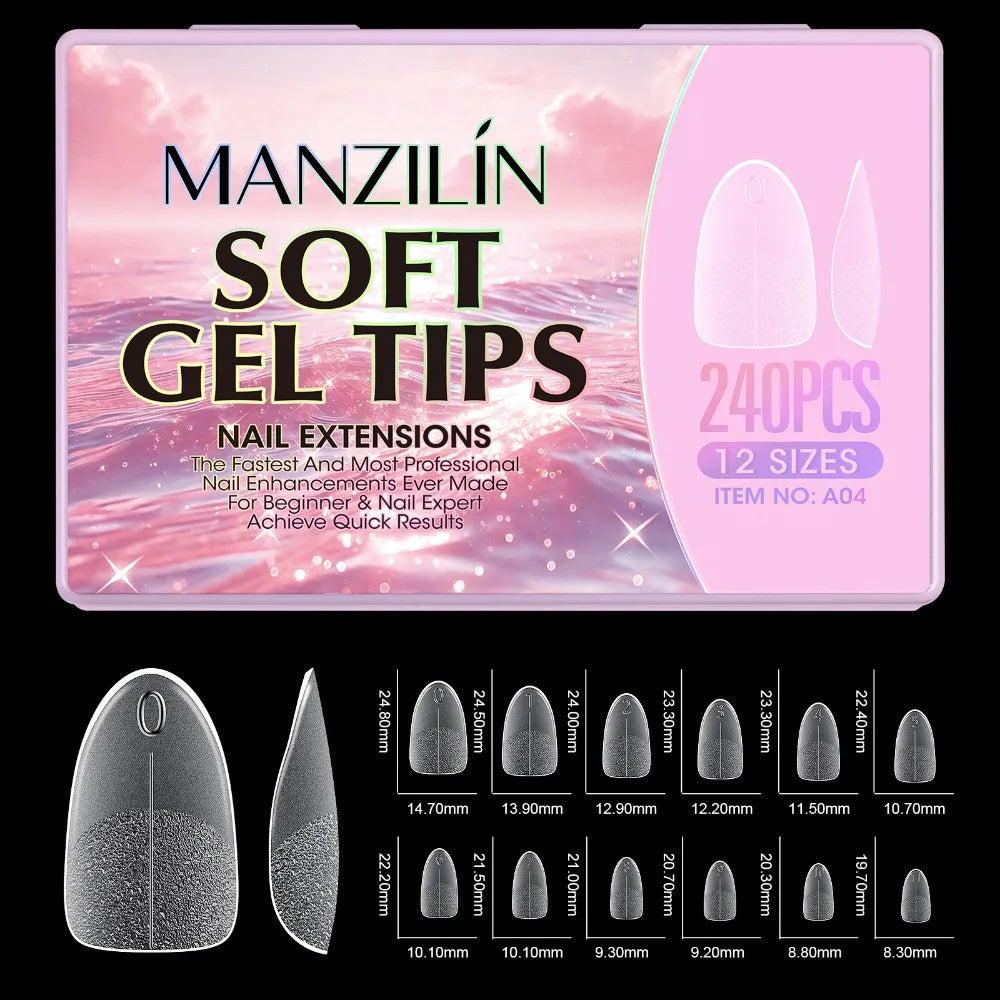 240Pcs Short Almond Soft Gel Nail Tips – 12 Sizes Full Cover