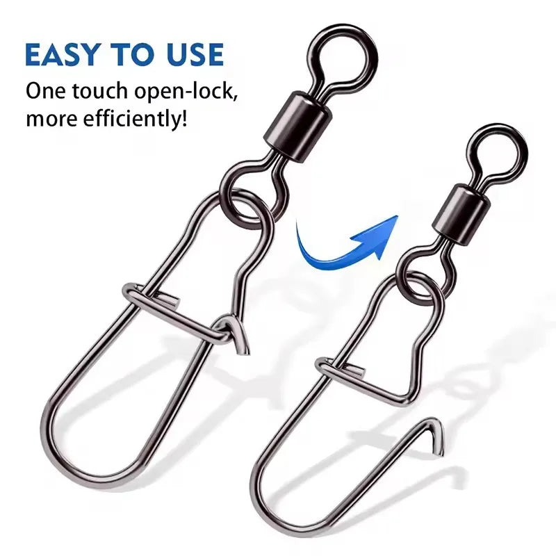 50-Pack Fishing Bearing Rolling Swivel with Snap – Sizes 4#–12#